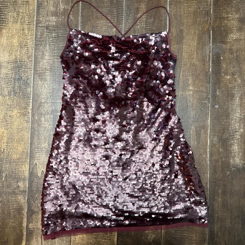 Wild Fable Burgundy Sequined Open Back Spaghetti Strap Mini Dress - Picture 2 of 8
